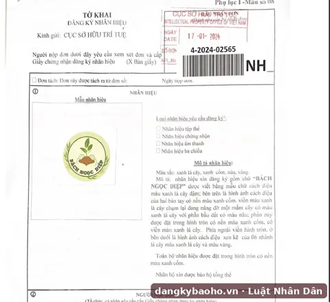 Đăng ký nhãn hiệu cho thực phẩm chức năng – nhãn hiệu BẠCH NGỌC DIỆP – tờ khai có dấu nhận đơn của Cục Sở hữu trí tuệ