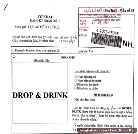 Đăng ký nhãn hiệu cho thực phẩm chức năng, nước uống – nhãn hiệu DROP & DRINK – tờ khai có dấu nhận đơn của Cục Sở hữu trí tuệ
