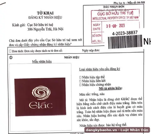 Đăng ký nhãn hiệu cho dịch vụ spa, thẩm mỹ viện – nhãn hiệu GIÁC – tờ khai có dấu nhận đơn của Cục Sở hữu trí tuệ