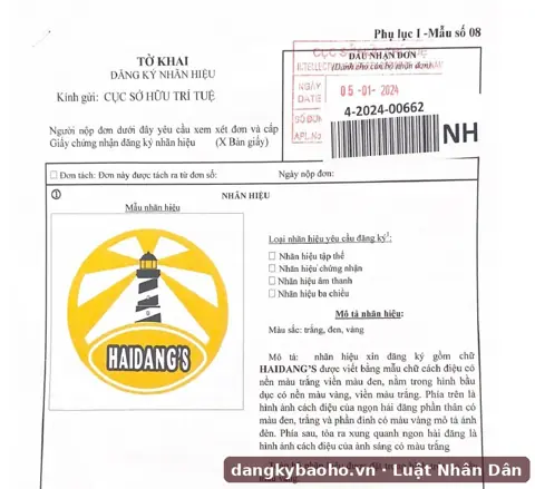 Đăng ký nhãn hiệu cho dịch vụ giáo dục – nhãn hiệu HAIDANG'S – tờ khai có dấu nhận đơn của Cục Sở hữu trí tuệ