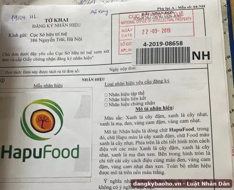 Đăng ký nhãn hiệu cho dịch vụ mua bán, kinh doanh thực phẩm – nhãn hiệu HapuFood – tờ khai có dấu nhận đơn của Cục Sở hữu trí tuệ