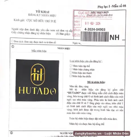 Đăng ký nhãn hiệu cho kinh doanh quần áo, thời trang – nhãn hiệu HUTADO – tờ khai có dấu nhận đơn của Cục Sở hữu trí tuệ