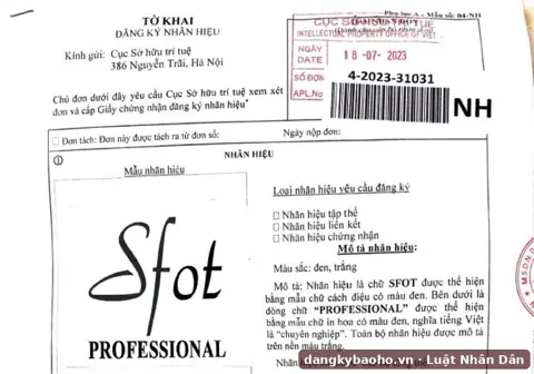 Đăng ký nhãn hiệu cho ngành nước giải khát – nhãn hiệu SFOT PROFESSIONAL – tờ khai có dấu nhận đơn của Cục Sở hữu trí tuệ