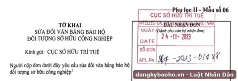 Sửa đổi văn bằng bảo hộ nhãn hiệu – tờ khai có dấu nhận đơn của Cục Sở hữu trí tuệ