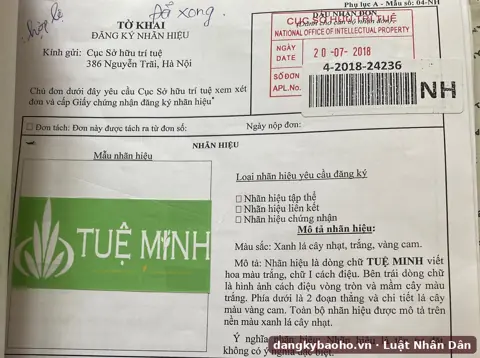 Đăng ký nhãn hiệu cho thực phẩm chức năng – nhãn hiệu TUỆ MINH – tờ khai có dấu nhận đơn của Cục Sở hữu trí tuệ
