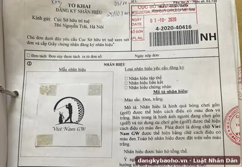 Đăng ký nhãn hiệu cho dịch vụ vui chơi, giải trí (golf) – nhãn hiệu Việt Nam GW – tờ khai có dấu nhận đơn của Cục Sở hữu trí tuệ